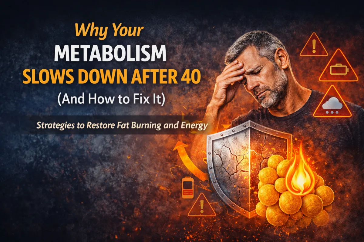 A visual representation of a slow metabolism in men over 40 showing low energy, increased fat storage, and reduced metabolic activity due to stress and hormonal imbalance.