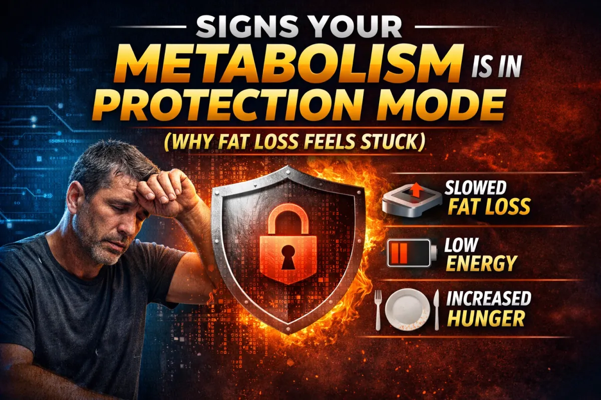 Signs your metabolism is in protection mode including low energy, stalled fat loss, and increased hunger in men over 40