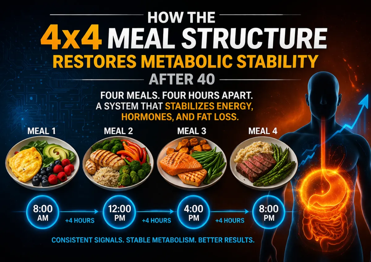 4x4 meal structure showing four meals spaced four hours apart to restore metabolic stability and improve fat loss after 40