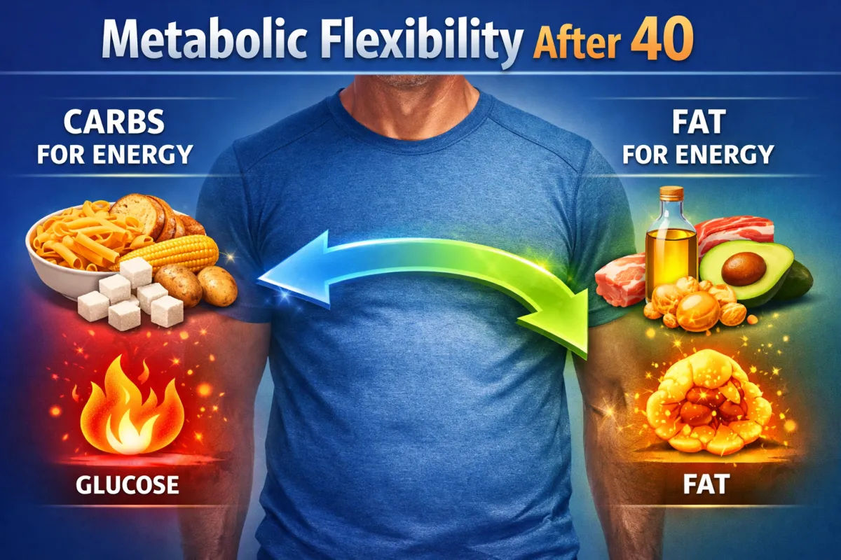 Illustration of fat burning vs sugar burning demonstrating metabolic flexibility and energy balance after 40