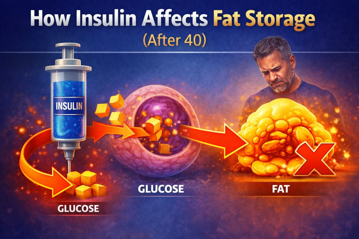 Illustration showing insulin directing sugar into cells and blocking fat burning in men over 40