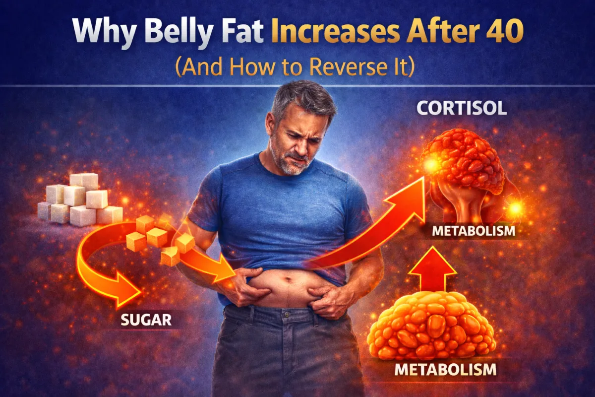 Man over 40 holding belly fat showing increased abdominal fat due to metabolism and hormonal changes