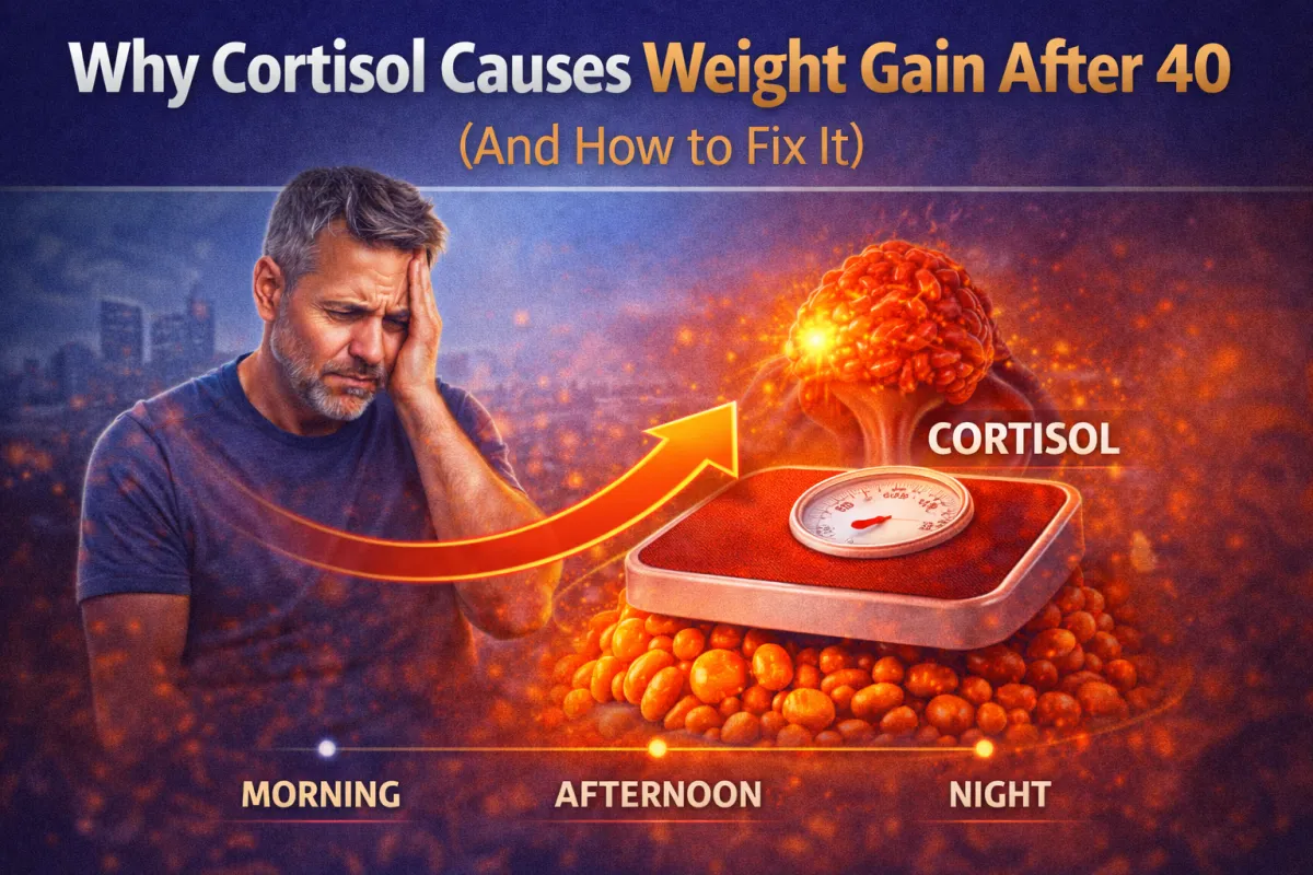 Stressed man over 40 with cortisol illustration showing weight gain and fat storage linked to stress hormones