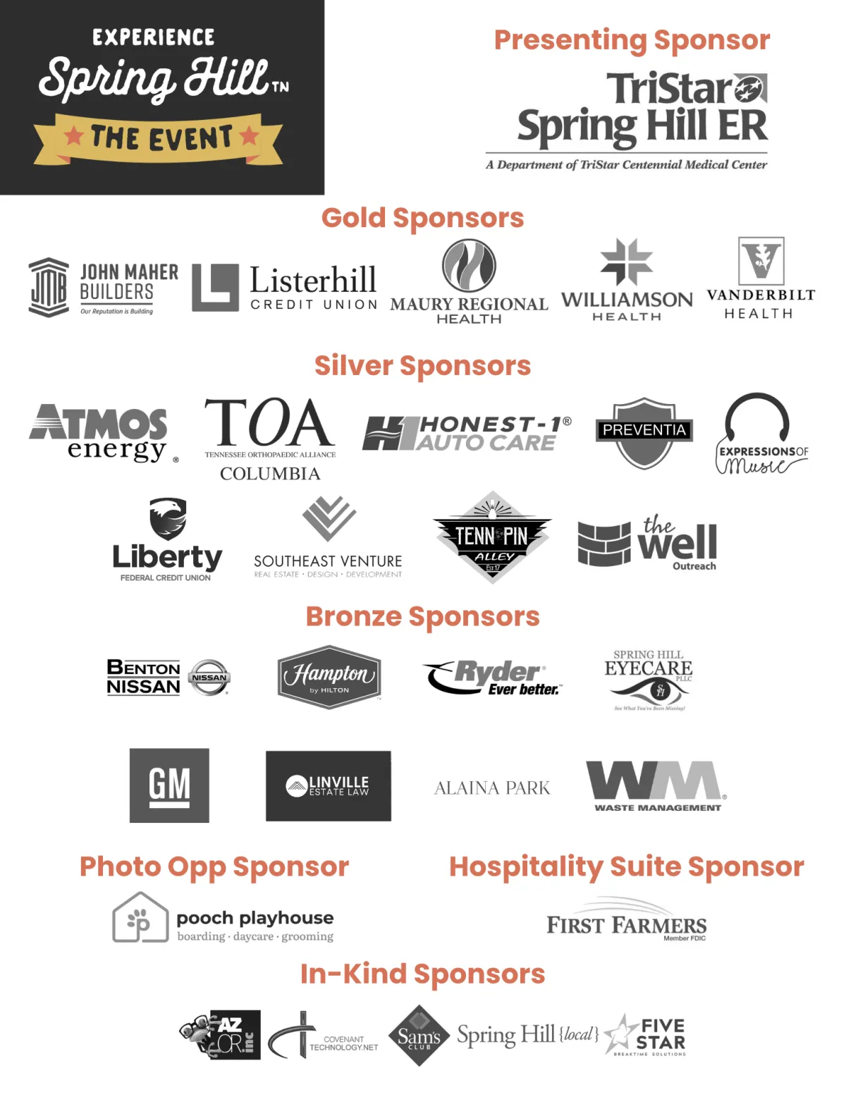 All Sponsors for Experience Spring Hill 2025