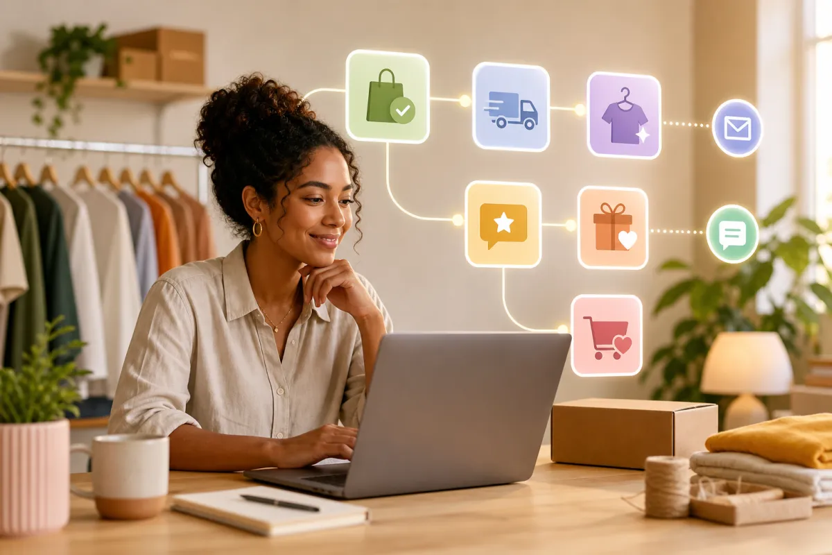 Illustration of a small business owner planning a post-purchase automation strategy in Kalingo to encourage repeat purchases.