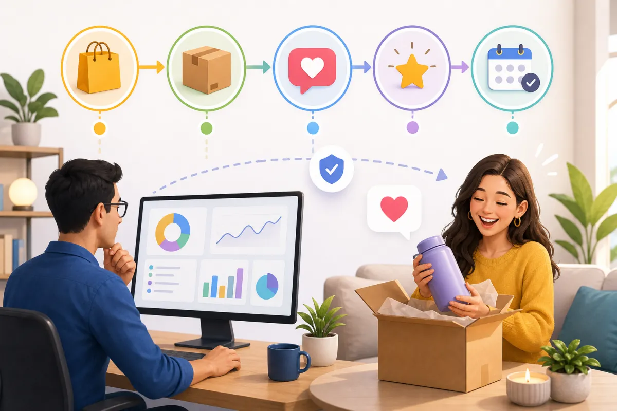 Illustration of post-purchase automation steps—reassurance, onboarding, reviews—applying customer retention psychology with Kalingo.