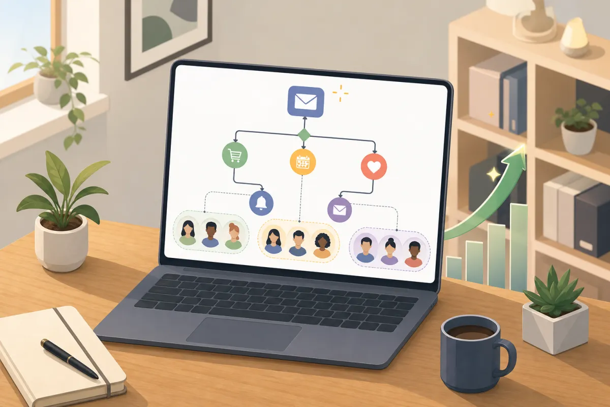 Illustration of a small business owner reviewing an email sequence inside Kalingo’s Email Builder.