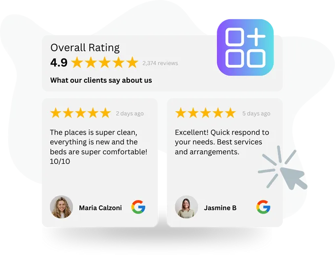 A graphic illustration of an online review page with a high overall rating of 4.9 based on 2,374 reviews. The page, titled "What our clients say about us," shows two individual five-star Google reviews. The first is from "Maria Calzoni," who praises the cleanliness and comfort. The second is from "Jasmine B," who compliments the quick service. A cursor icon points to a plus sign in a grid icon, suggesting a new feature or action.