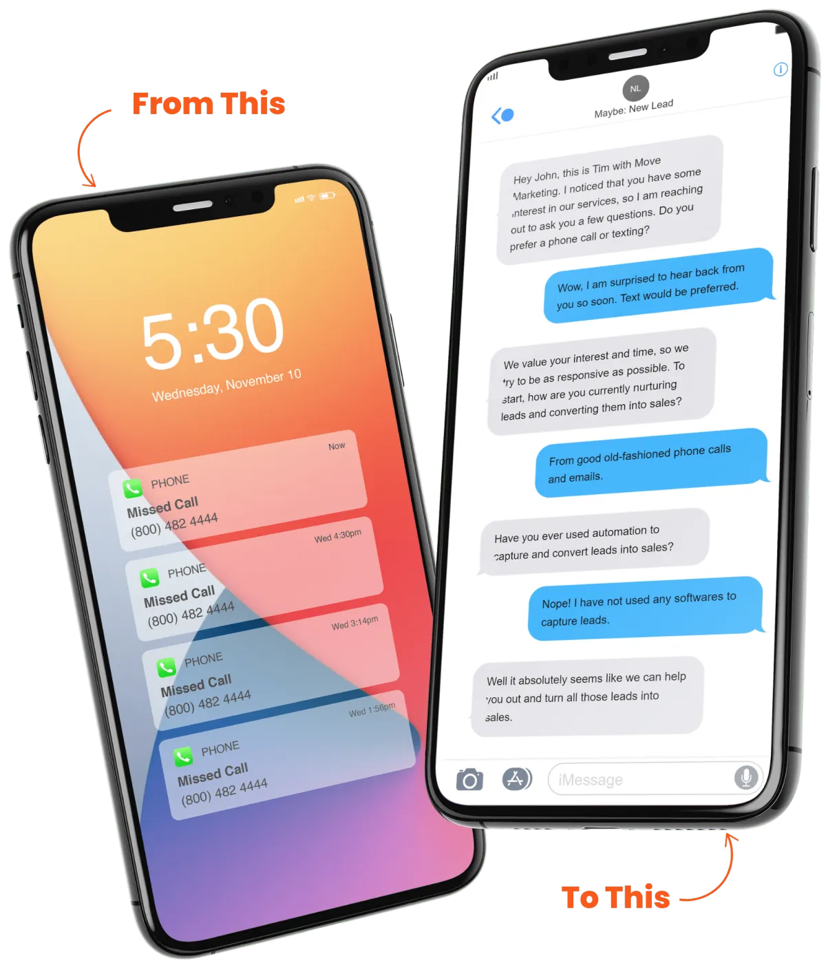 a picture of two cell phone screens showing conversations before ai assistant and after ai assistant