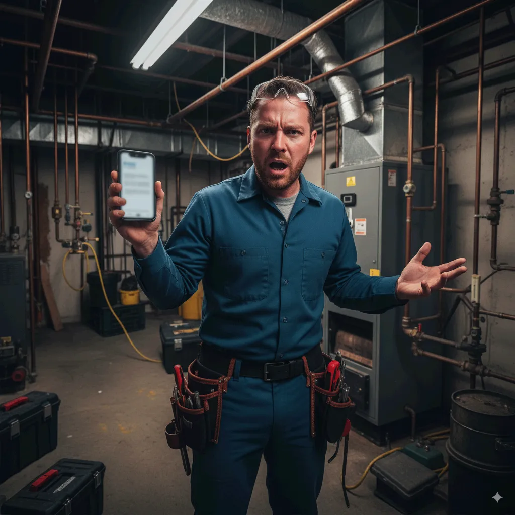 HVAC Contractor, Phone in hand, frustreated