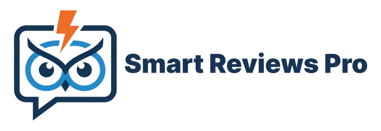 A dark logo for a company named "Smart Reviews Pro." The logo features a stylized, blue owl with a prominent orange lightning bolt on its head, enclosed in a speech bubble outline. The company name is written in a simple, gray font to the right of the icon.