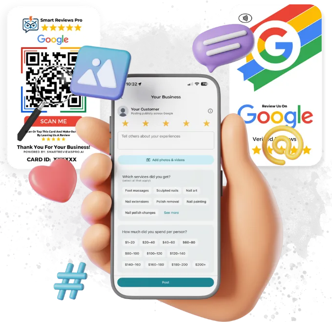 An animated, 3D hand holds a smartphone displaying a Google review page for a business. The review form asks for a star rating, customer experience, photos, services received (with options like Foot massages and Nail art), and the amount spent per person. Surrounding the phone are various digital icons and graphics, including a large Google 'G' logo, a QR code for "Smart Reviews Pro," and other icons like a speech bubble, a hashtag, a heart, and a generic image placeholder. The overall style is bright, cartoonish, and polished.