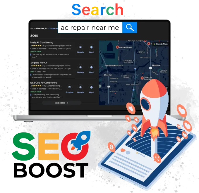 A digital marketing illustration featuring a laptop, a tablet, and the word "Search." The laptop screen shows a Google search results page for "ac repair near me," displaying a list of businesses with their star ratings, addresses, and other details. The results are also shown on a map. Below the laptop, a tablet displays social media icons and a rocket launching from it. The word "SEO" is prominent in green, with a small rocket in place of the "O."