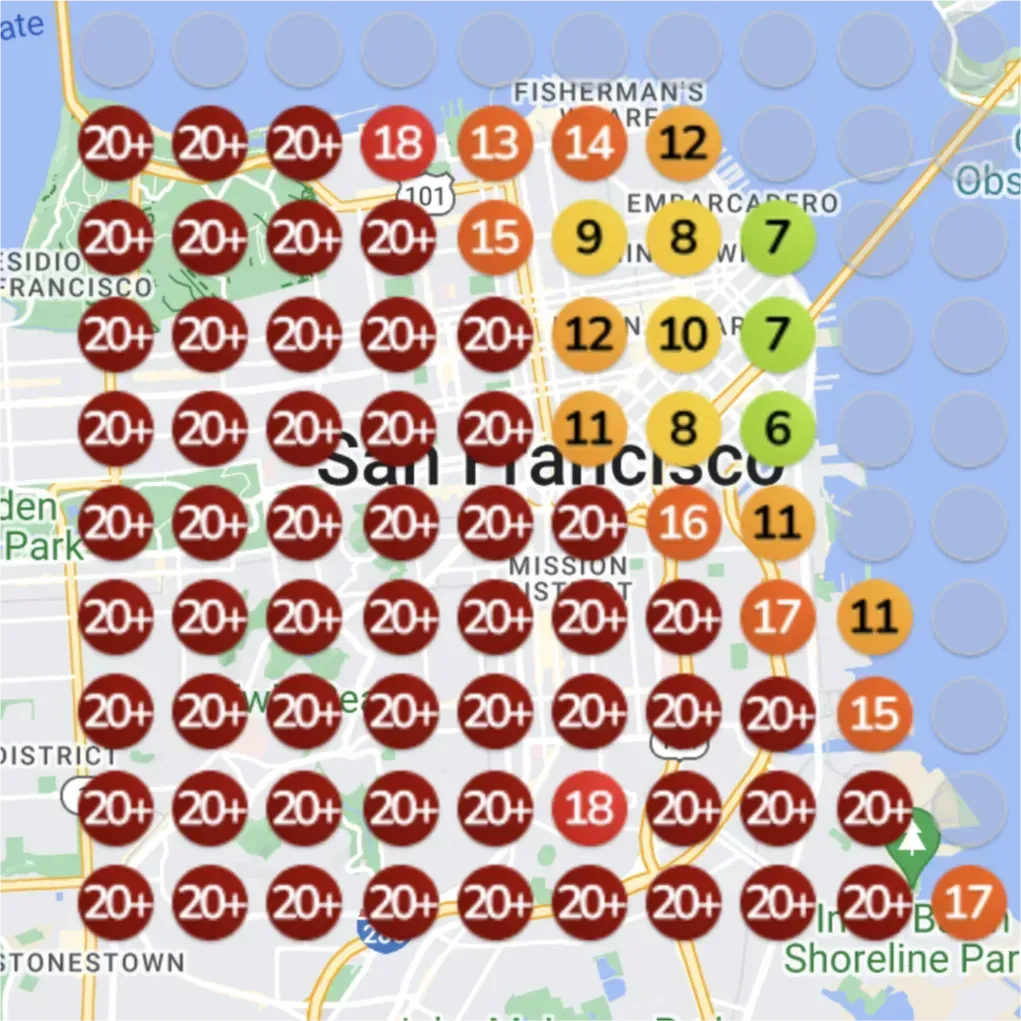 A heatmap of San Francisco. The grid of circles is primarily dark red, with most showing the number "20+." There's a vertical strip of orange, yellow, and green circles with numbers ranging from 6 to 18 running down the middle of the map.