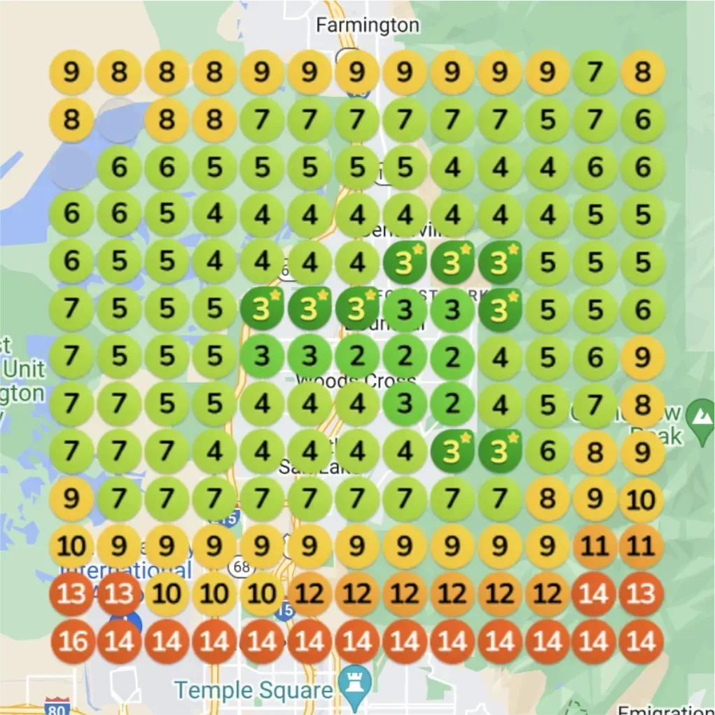 A heatmap of an area near Farmington, Utah. The circles are a mix of yellow and green, with the highest numbers—ranging from 10 to 16—clustered at the bottom of the map. The rest of the map has single-digit numbers ranging from 3 to 10.