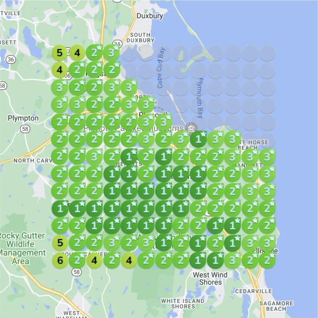 A rank map of of a solar panel sales company, showing a significant change after working with Lightning Leads Pro from the "before" image. The entire grid is now covered in green and yellow circles, with numbers ranging from 1 to 6. This indicates a drastic decrease in the numbers across the entire map.