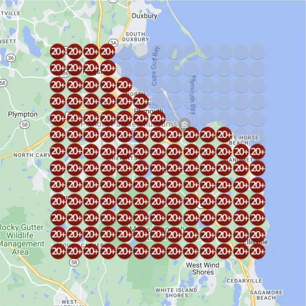 A rank map of a solar panel sales company. The entire grid is covered in dark red circles with the number "20+." There are no other colors or numbers, indicating extremely high numbers across the entire map.