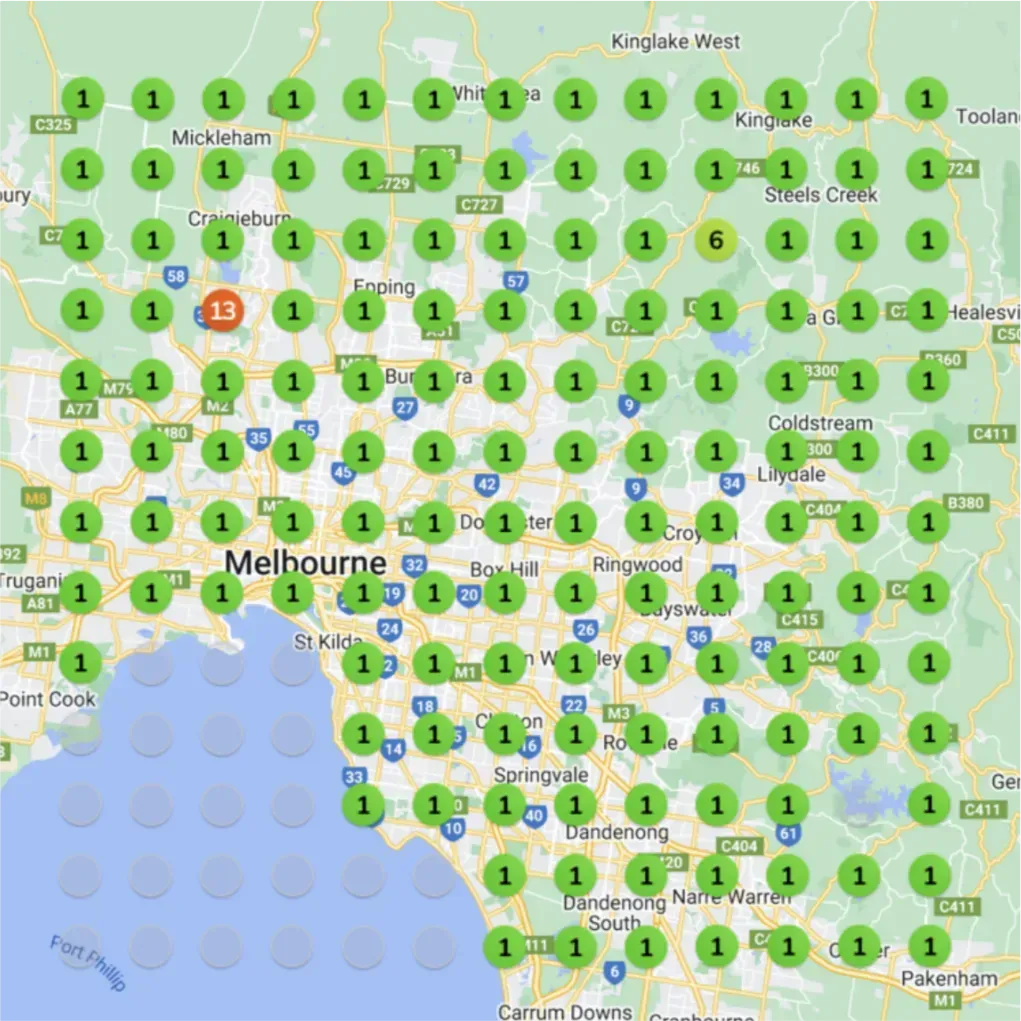 A rank map of dog trainer before working with Lightning Leads Pro, showing a significant change from the "before" image. The entire grid is now covered in dark red and orange circles with numbers ranging from 13 to 20+. There is only one green circle with the number "1" in the center of the grid, indicating a drastic increase in numbers across the entire map.