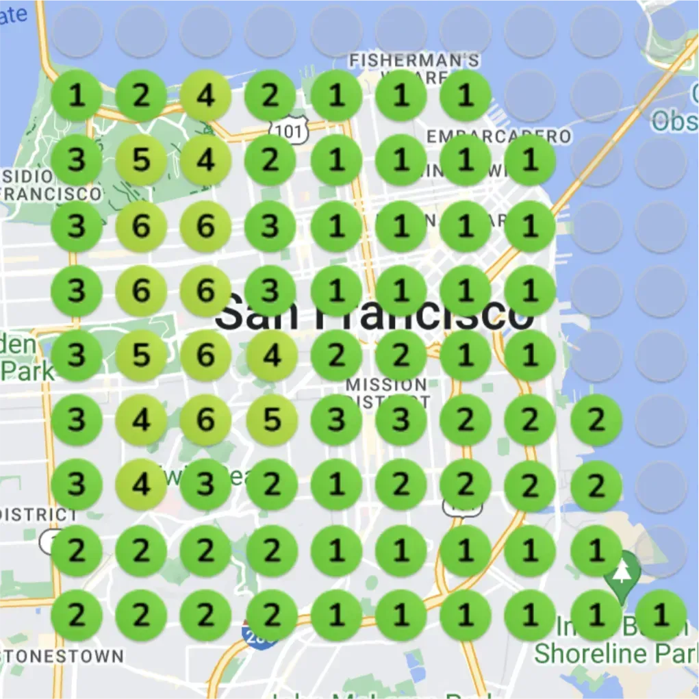 A heatmap of San Francisco. The entire grid is now made up of green circles, and the numbers are all single digits, ranging from 1 to 6. This indicates a significant change from the "before" image.