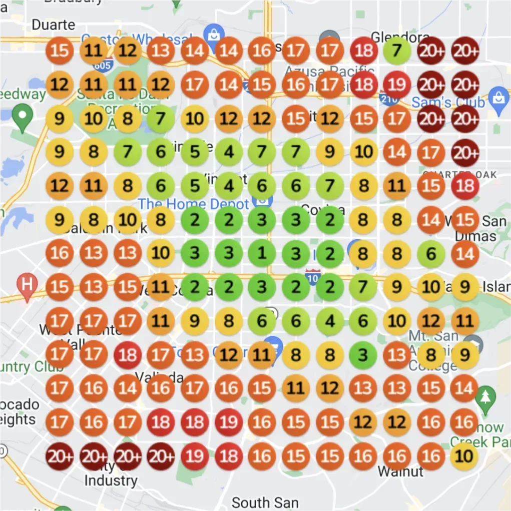 A heatmap of the Duarte and Covina, California area. The circles at the top of the map are orange and red, with numbers ranging from 10 to 14. The rest of the map is primarily green and yellow circles with single-digit numbers, with a cluster of higher numbers (8 to 11) at the bottom.