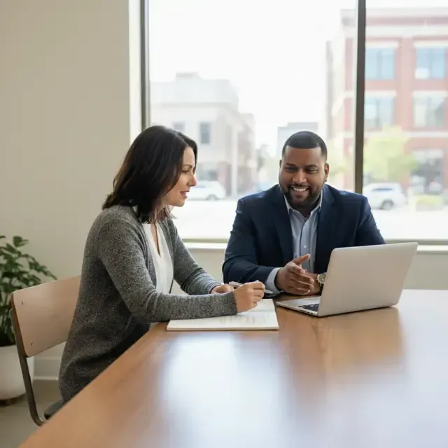 A professional photograph shows a male digital marketing agency owner consulting with a female local business owner. They are sitting at a wooden table in front of a large window. The man is smiling and gesturing towards a laptop screen while the woman looks on, taking notes in a notebook.