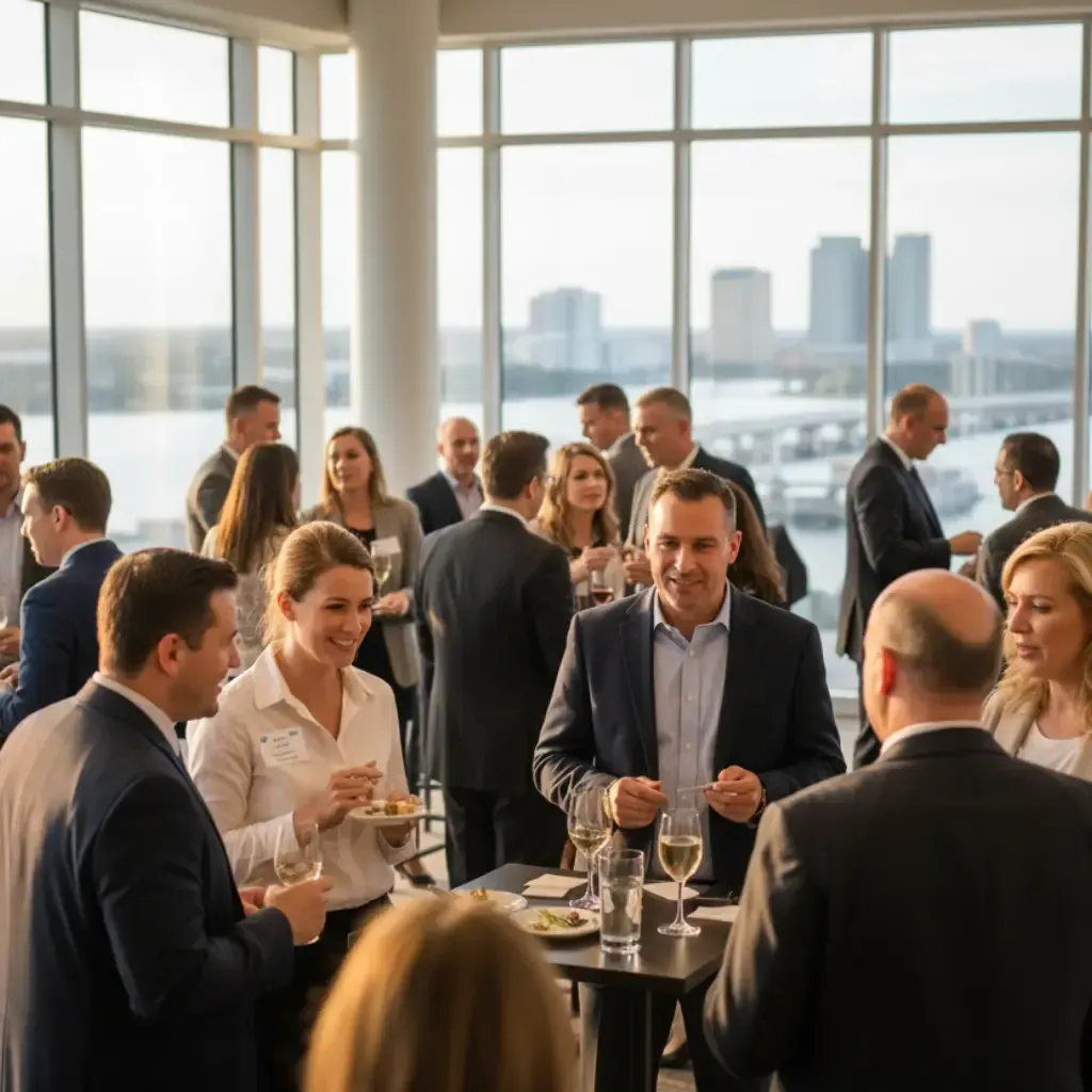 A crowd of business professionals in a modern, well-lit room with floor-to-ceiling windows. People are standing in small groups, chatting, and holding glasses of white wine and small plates of food. A few people are looking toward the camera and smiling. In the background, a large body of water and a Tampa skyline with a bridge are visible through the windows.