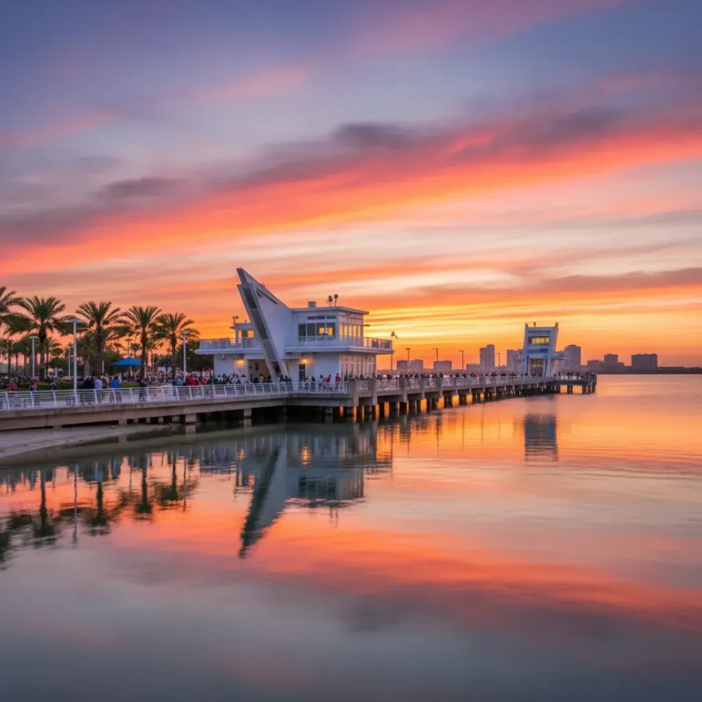 A vibrant sunset view of the St. Pete Pier in Florida. The modern, white pier structure extends from the left over the calm, glassy water of Tampa Bay. The spectacular sky, filled with shades of orange, pink, and yellow, is perfectly reflected in the water, creating a mirror image. Palm trees line the near side of the pier, and the city skyline is faintly visible in the distance.