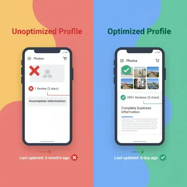 Infographic comparing an Unoptimized Google Business Profile (GBP) and an Optimized Google Business Profile, both shown on mobile phones. The Unoptimized Profile on a red background has a red 'X', low engagement (1 Review, 2 stars), Incomplete Information, and was Last Updated 6 months ago. The Optimized Profile on a green background has a green checkmark, high engagement (250+ Reviews, 5 stars), Complete business information, and was Last Updated 6 days ago.