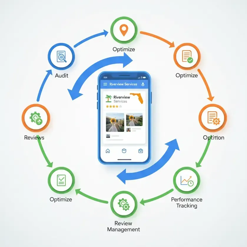 A circular, closed-loop process diagram illustrating Lightning Leads Pro's internet marketing service of Google Business Profile Optimization, local marketing and SEO strategy. The center features a smartphone with a 5-star rated "Riverview Services" profile showing a map and photos. The eight steps in the cycle are connected by colored arrows: Audit (blue), Reviews (orange), Optimize (green), Review Management (green), Performance Tracking (green), Optimize (orange), Optimize (orange), and a final Optimize (green). The flow highlights continuous improvement for local business visibility.