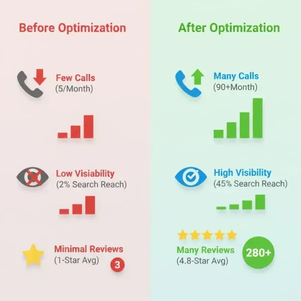 Infographic illustrating the **Benefits of Google Business Profile Optimization** for businesses in Riverview, Florida, comparing the "Before Optimization" state on a red background to the "After Optimization" state on a green background. Before, the business received Few Calls (5/Month), had Low Visibility (2% Search Reach), and Minimal Reviews (3 reviews, 1-Star Avg). After Optimization, the business receives Many Calls (90+/Month), has High Visibility (45% Search Reach), and Many Reviews (280+ reviews, 4.8-Star Avg).