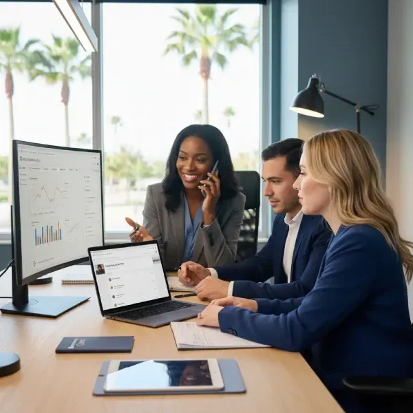 Image titled **WHY CHOOSE LIGHTNING LEADS PRO**. Three happy professionalsโa medical employee in scrubs, a business owner in an apron, and a professional in a polo shirtโstand in a sunny outdoor shopping center setting. They are holding up smartphones showing 5-star Google Business Profile reviews. The call-outs highlight successful results: "Our new patients calls have tripled!", "Best decision for our store!", and "Couldn't be happier with the results!". A faint outline of the state of Florida is visible in the background.