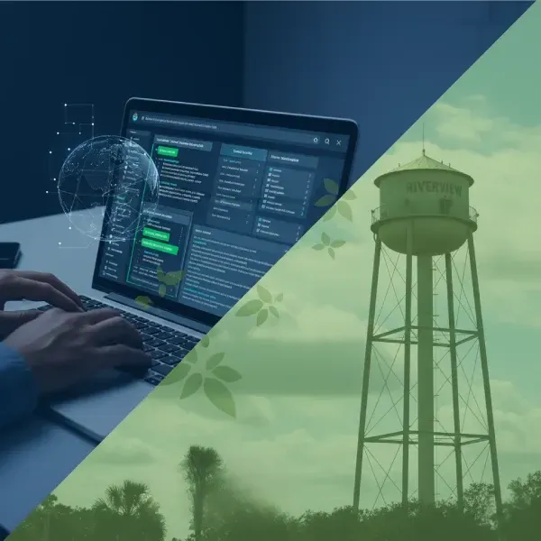 Split-screen image illustrating **Local Market Knowledge**. The left side (in blue) shows a person working on a laptop with a digital dashboard displaying global data and marketing analytics. The right side (in green) shows an iconic **Riverview, FL** water tower, representing the physical location and community. The graphic emphasizes combining advanced digital marketing strategy with deep local understanding to achieve effective local SEO results.