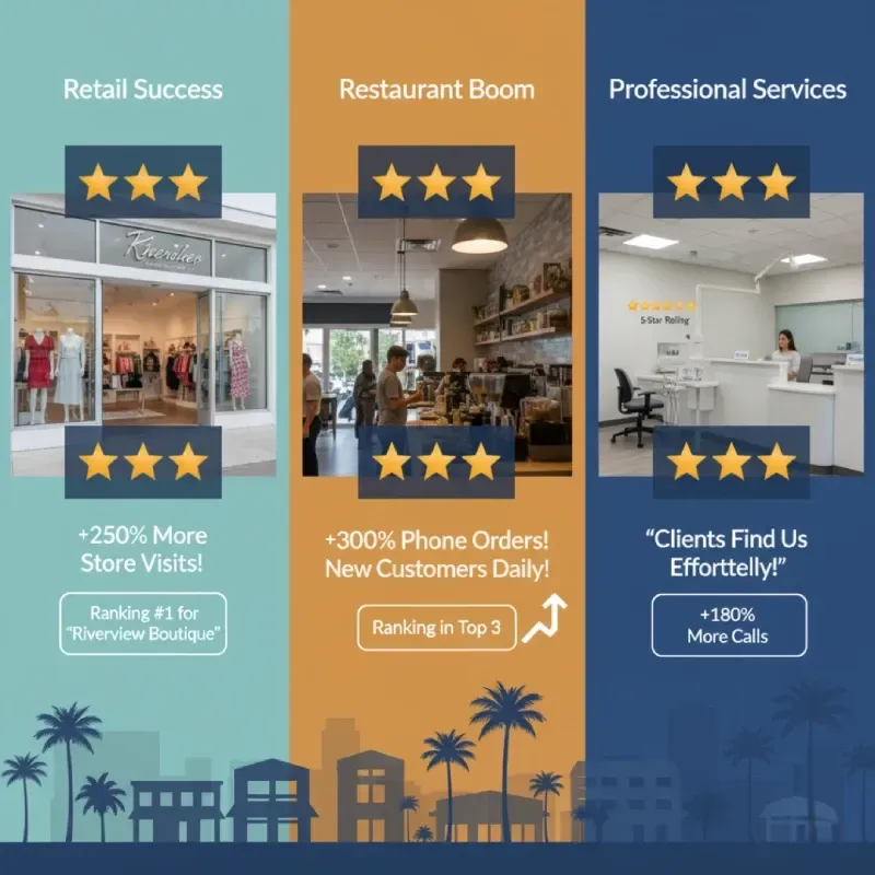 A three-column graphic showcasing success stories for different industries: Retail Success (storefront photo, "+250% More Store Visits"), Restaurant Boom (interior photo, "+300% Phone Orders!"), and Professional Services (office photo, "+180% More Calls"), all with 5-star ratings.