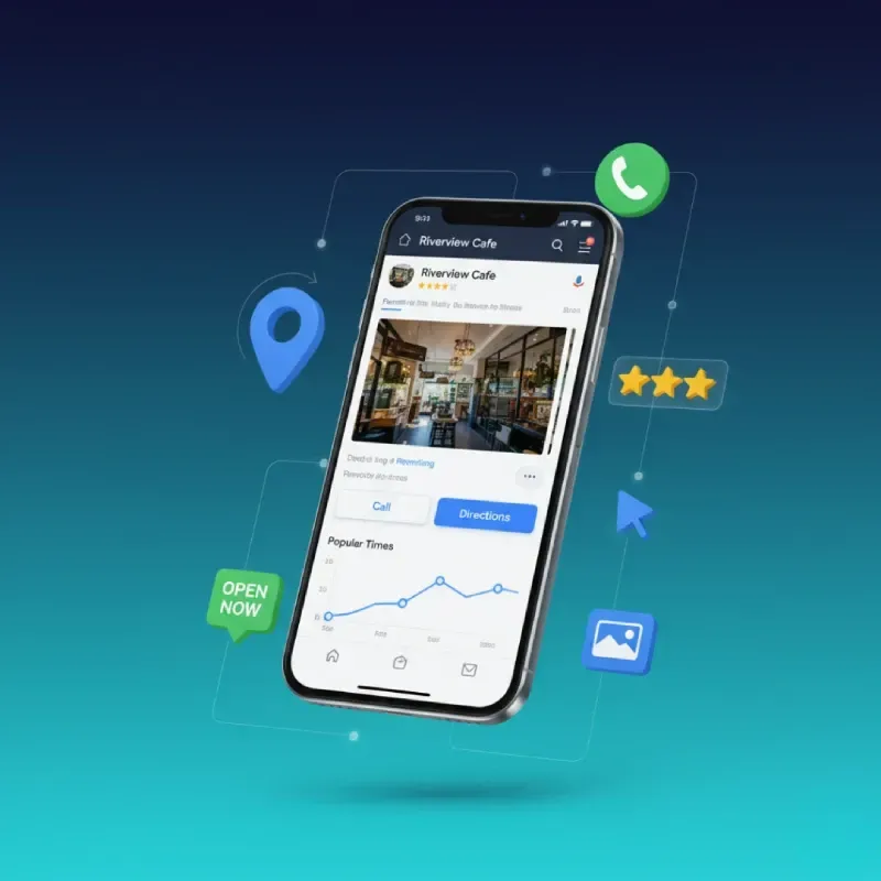 A smartphone displaying a Google Business Profile for "Riverview Cafe," showing its photo, rating, popular times graph, and call/directions buttons, surrounded by icons for a phone call, location, reviews, and open status.