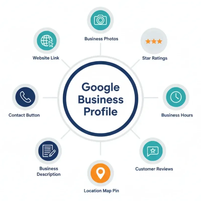 A circular diagram titled "Google Business Profile" in the center, surrounded by icons for key elements: Website Link, Contact Button, Business Description, Location Map Pin, Customer Reviews, Business Hours, Star Ratings, and Business Photos.
