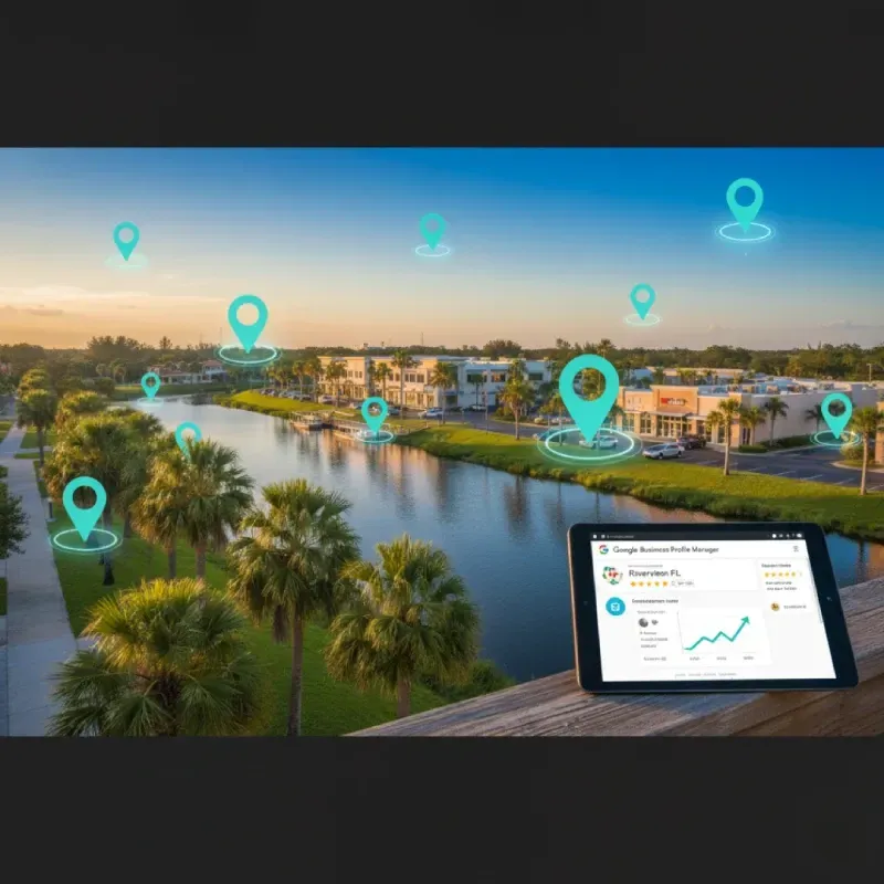 A scenic photo of a canal in a residential/commercial area in Riverview, FL, lined with palm trees. Multiple glowing location pin icons float digitally over the buildings. In the foreground, a tablet displays the Google Business Profile Manager dashboard with an upward-trending graph.