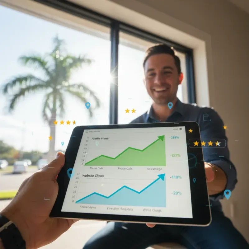 A close-up of a tablet held by one person, displaying a vibrant green and blue graph of metrics like "Profile Views" and "Website Clicks," showing positive growth, with a smiling business professional in the blurred background.