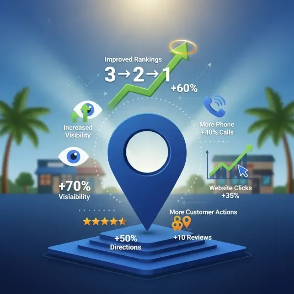 A 3D graphic centered on a large blue location pin, illustrating optimization results with metrics: Improved Rankings 3 -> 2 -> 1 (+60%), +70% Visibility, +40% Calls, +35% Website Clicks, and +50% Directions.