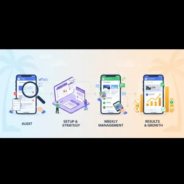 A four-step process graphic: 1. Audit (magnifying glass on phone), 2. Setup & Strategy (laptop with calendar), 3. Weekly Management (phone with updates), and 4. Results & Growth (phone with bar chart), illustrating the GBP optimization workflow.