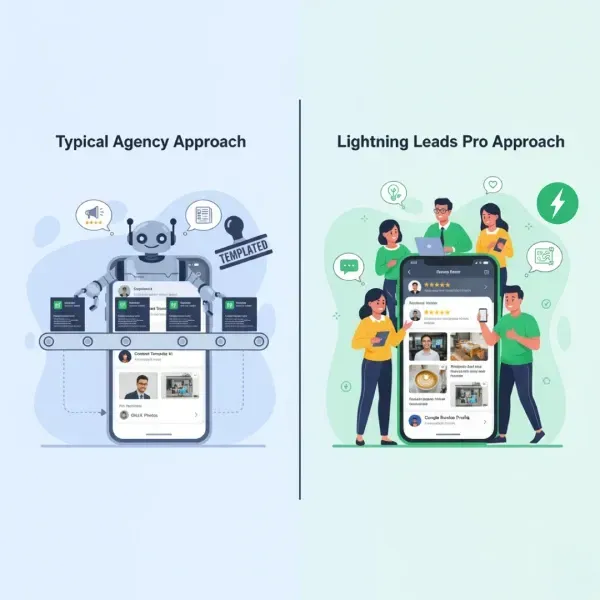 A comparison graphic between "Typical Agency Approach" (represented by a templated robot on a conveyor belt) and "Lightning Leads Pro Approach" (represented by a diverse team working collaboratively around a highly rated, customized Google Business Profile).