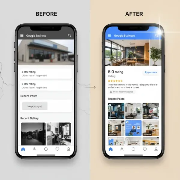 A graphic contrasting a "BEFORE" and "AFTER" Google Business Profile. The before shows a 3-star rating, blurred photo, and no posts. The after shows a bright, modern profile with a 5.0 rating, clear photos, and recent posts.