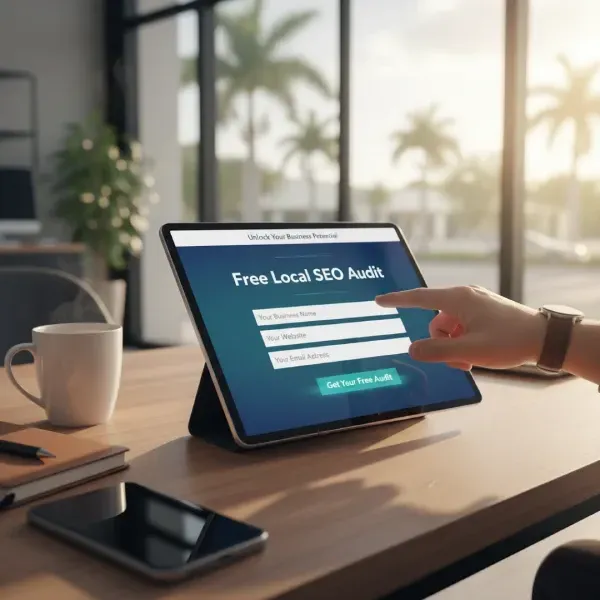 A hand pointing to a tablet screen displaying a sign-up form for a "Free Local SEO Audit" on a wooden desk with a coffee mug, notebook, and smartphone, emphasizing a call-to-action.
