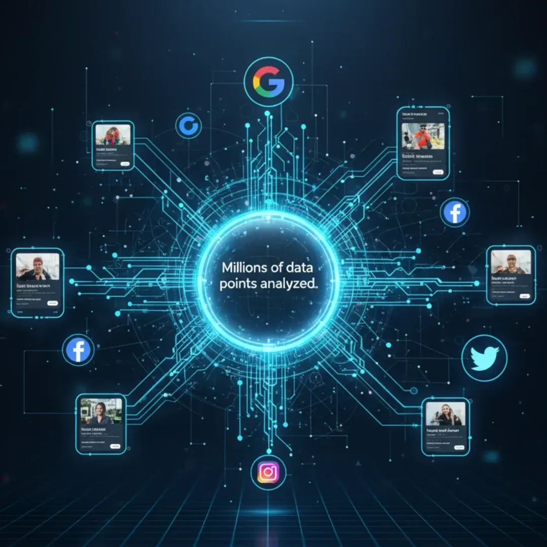 A futuristic digital graphic showing a central ring with the text "Millions of data points analyzed." It is connected via circuitry lines to logos for Google, Facebook, Twitter, and Instagram, highlighting a massive, multi-channel data analysis capability.