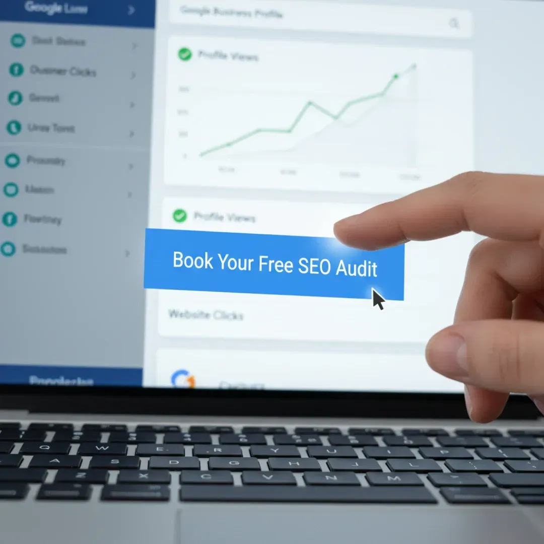 A close-up of a hand clicking a prominent blue button that reads "Book Your Free SEO Audit" on a laptop screen, which also displays an upward-trending analytics graph for Profile Views.
