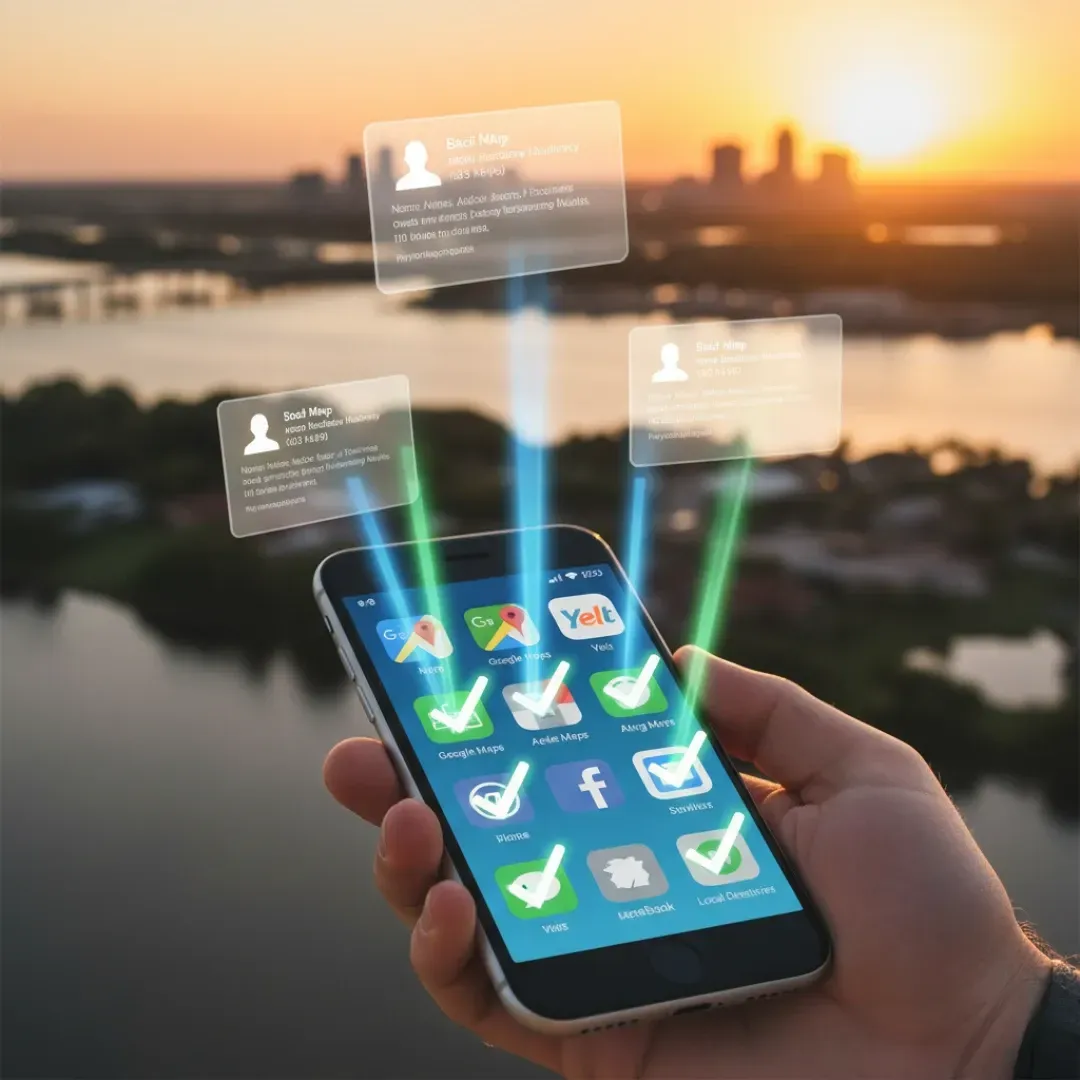 A hand holding a smartphone with various app icons (Google Maps, Yelp, Facebook, Apple Maps, etc.) that have green checkmarks, indicating successful listing optimization. Holographic cards with business data float above the screen.