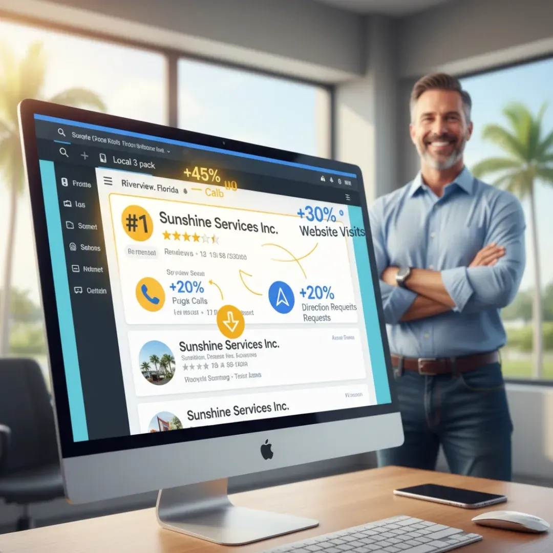 A professional-looking man smiling behind a computer monitor displaying the positive results of local SEO: Sunshine Services Inc. ranking #1 in a "Local 3 pack" with metrics showing +45% calls, +30% website visits, +20% direction requests, and increased reviews.