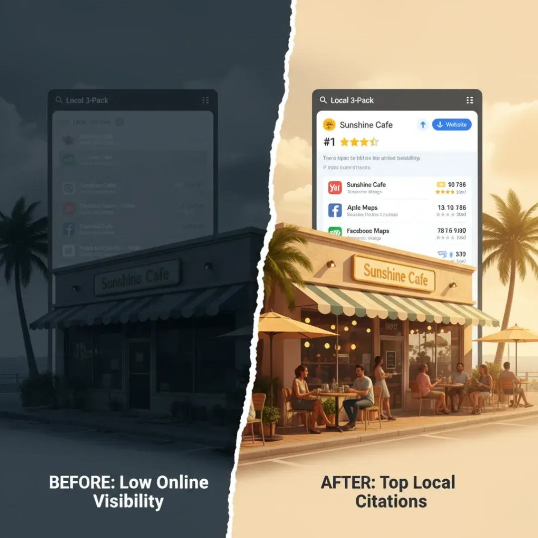 Side-by-side comparison of a business, Sunshine Cafe. The left side says "BEFORE: Low Online Visibility" with minimal search results. The right side says "AFTER: Top Local Citations" and shows the cafe is #1 in a local 3-pack with high ratings and massive traffic from multiple sources like Yelp and Google Maps.