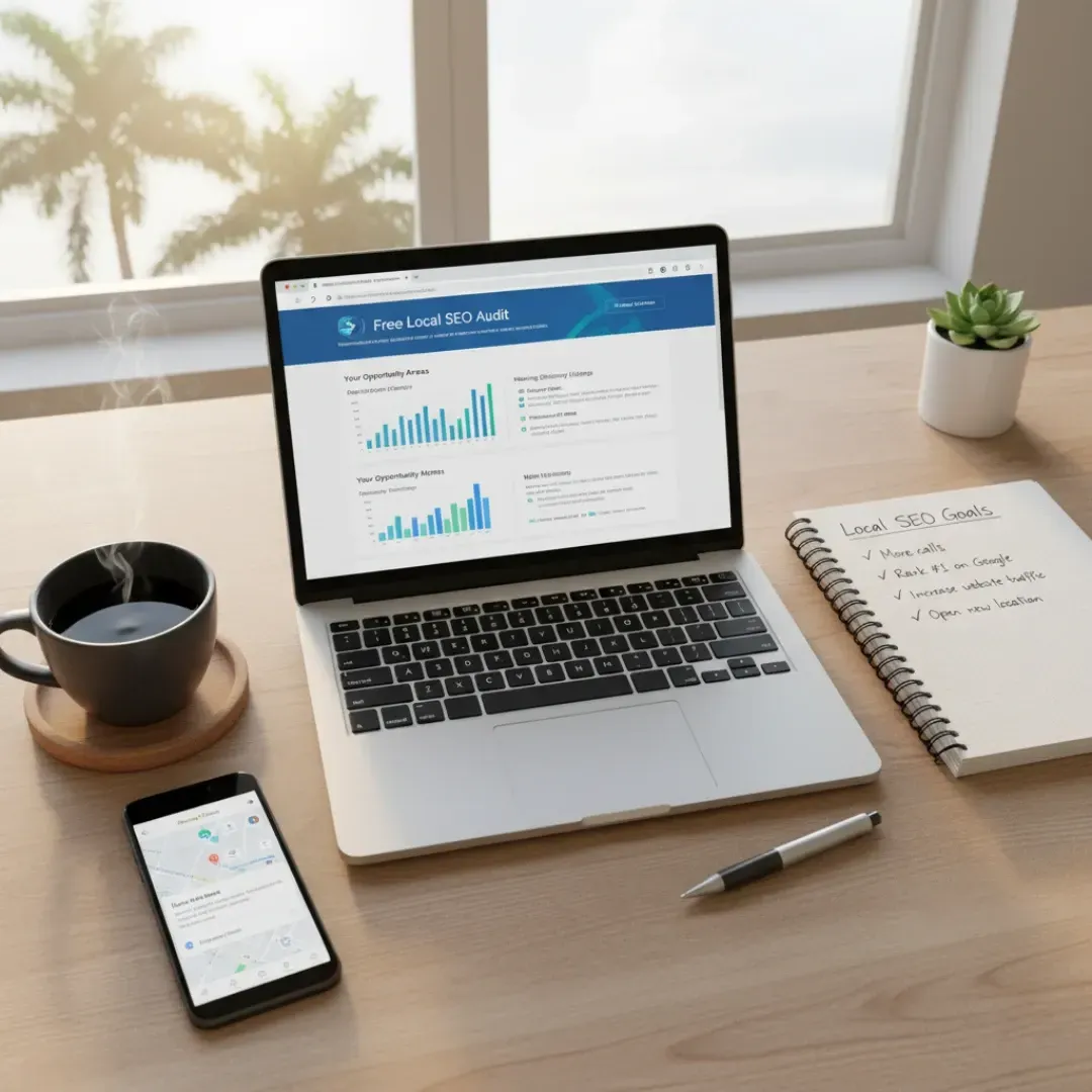 A laptop on an office desk displaying a "Free Local SEO Audit" dashboard with charts showing opportunity areas and discovery listings. A notebook next to it lists "Local SEO Goals": More calls, Rank #1 on Google, Increase website traffic, Open new location.