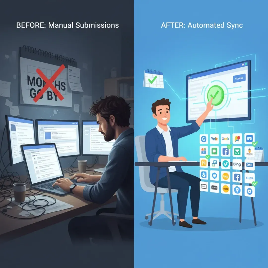 Side-by-side comparison of workflow efficiency. The left side says "BEFORE: Manual Submissions" and shows a frustrated person working late at multiple monitors. The right side says "AFTER: Automated Sync" and shows a happy, cartoonish person pointing to a screen with a checkmark and icons for automated listing submission across many sites.