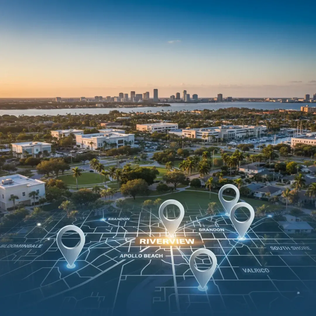 An aerial photo of a sunlit suburban area near the water, with the Tampa skyline visible in the distance across the bay. A digital map with the word "RIVERVIEW" is overlaid on the foreground, showing nearby areas like Brandon, Bloomingdale, Apollo Beach, Valrico, and South Shore. Several white location pins are dropped on the digital map, highlighting local areas of interest.